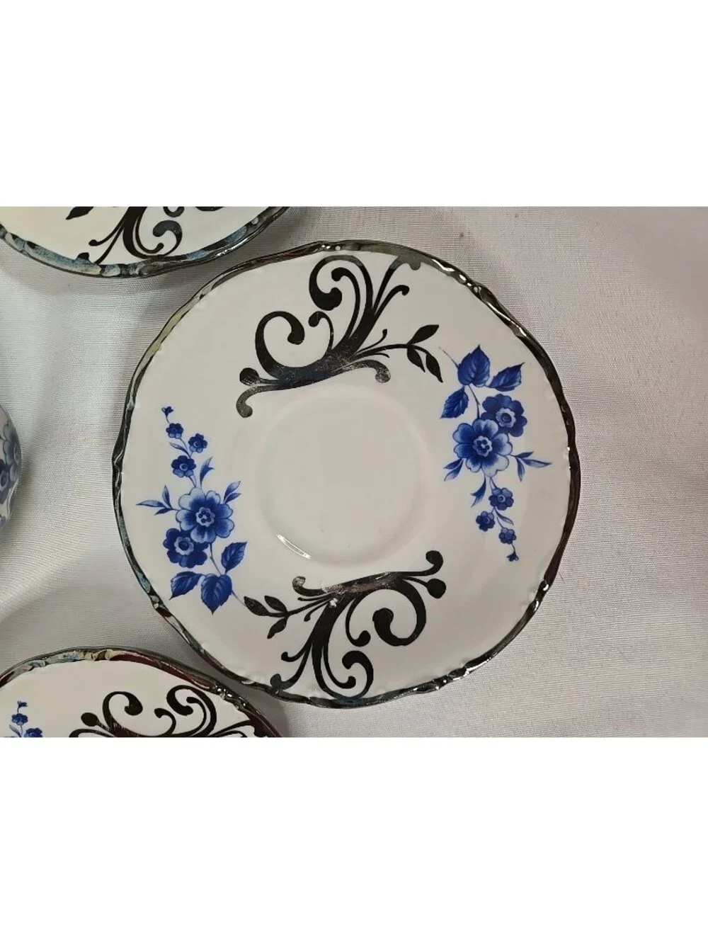 Set of 3 Artlynsa Tea Cups and Saucers Blue Floral with Silver Filagree